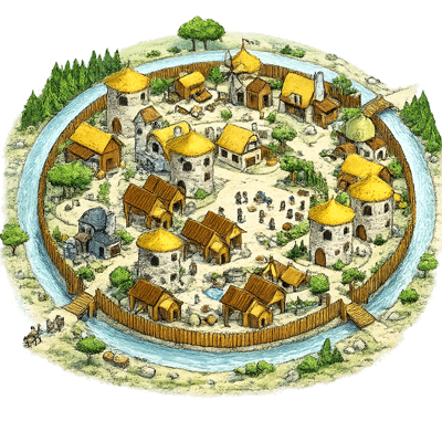 لقطة شاشة من لعبة ترافيان تظهر قرية وحقول موارد وجيشًا متحركًا